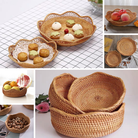 Rổ mây tròn, khay mây đựng đồ, decor trang trí mây tre đan tự nhiên