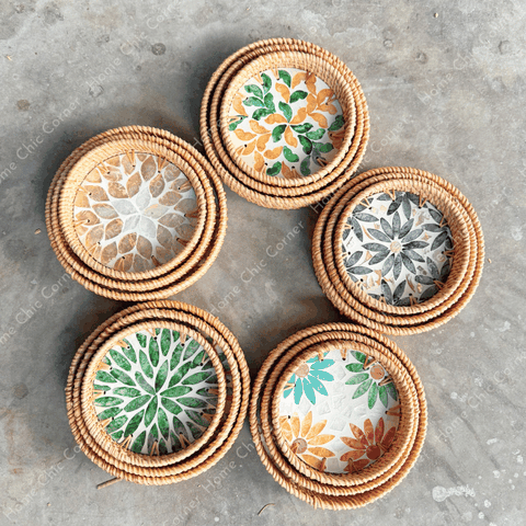 Khay tròn đan mây khảm trai đĩa khảm trai viền mây trang trí decor