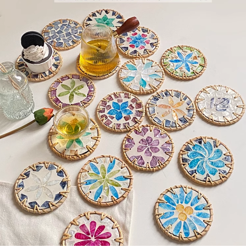 Lót ly khảm trai viền mây tre tự nhiên