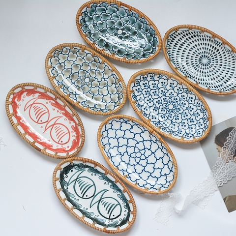 Đĩa sứ viền mây tre nhiều mẫu hoạ tiết phong cách Nhật