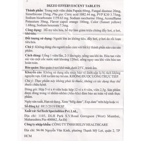 Viên sủi Dizzo Effervescent trị đầy hơi khó tiêu