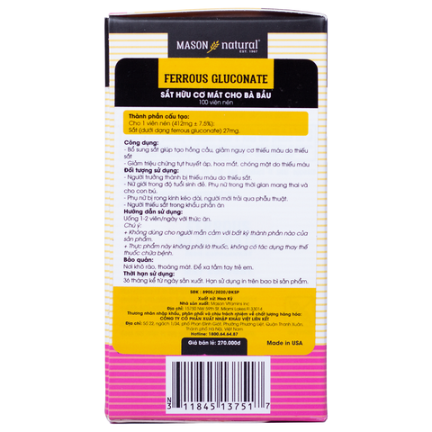 Mason Natural Ferrouse Gluconate - Sắt hữu cơ hấp thụ cao