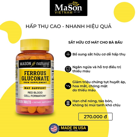 Mason Natural Ferrouse Gluconate - Sắt hữu cơ hấp thụ cao