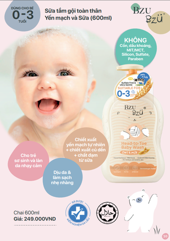 Sữa Tắm Gội Hương Yến Mạch Sữa BZU BZU Head to Toe Oat & Milk 600ml