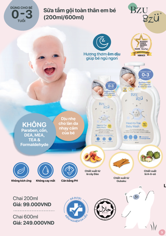 Sữa Tắm Gội Toàn Thân Cho Bé BZU BZU Head to Toe Baby Wash 200ml