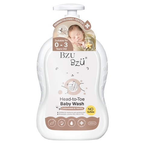 Sữa tắm gội Bzu Bzu Head-to-Toe Baby Wash (Cottonseed & Vanilla) 600ml