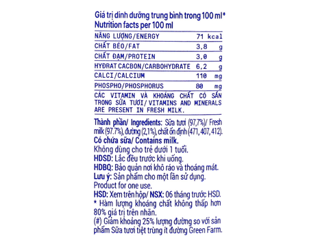 Sữa tươi Vinamilk Green Farm ít đường 110