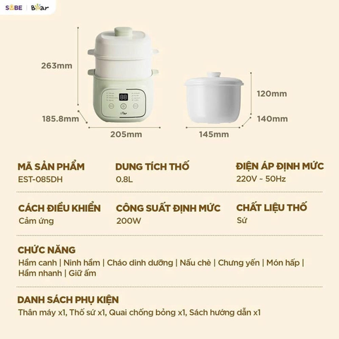 Nồi nấu chậm 0.8 lít Bear EST-085DH