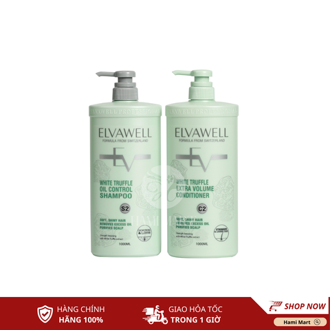 [S2C2-Xanh] Bộ Dầu Gội Xả Giảm Rụng Tóc Sạch Dầu Bết Elvawell (1000ml+1000ml)