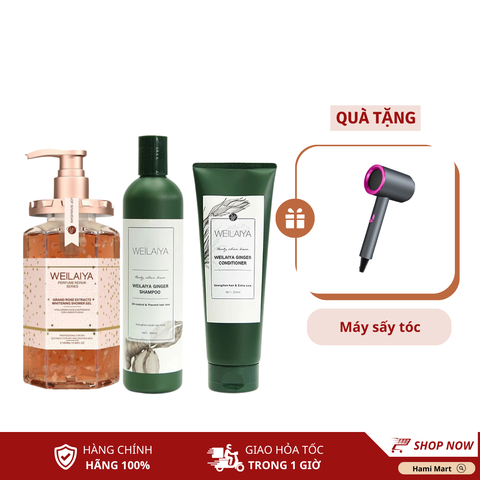 [Deal Hot] Combo Dầu Gội Xả Gừng Weilaiya + Sữa Tắm Nước Hoa Weilaiya - Tặng Máy Sấy Tóc