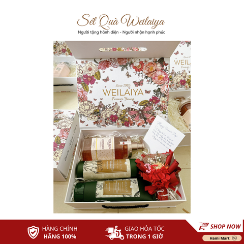 [Hộp Hoa] Sét Quà Tặng Sữa Tắm Hoa Hồng Damask Weilaiya + Gội Xả Gừng HTO