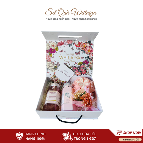 [Hộp Hoa] Sét Quà Tặng 1 Sữa Tắm Hoa Hồng Damask Weilaiya + 1 Sữa Tắm Hoa Trà Weilaiya +Bông Tắm