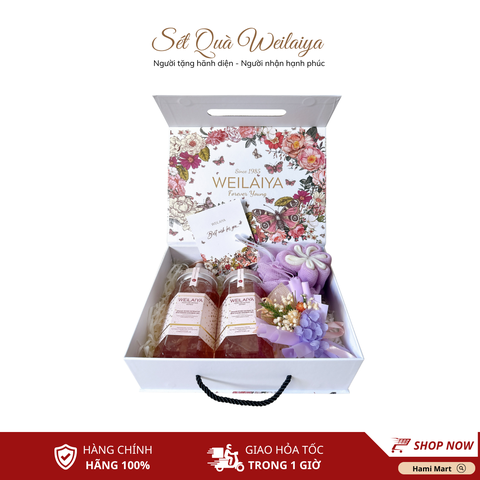 [Hộp Hoa] Sét Quà Tặng 2 Sữa Tắm Hoa Hồng Damask Weilaiya + Bông Tắm