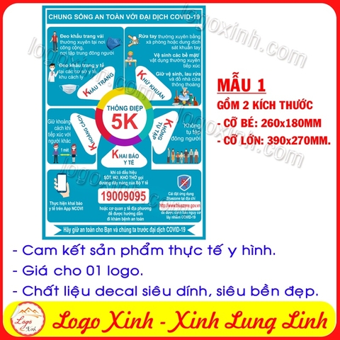 Thông điệp 5K -Logo Poster Sticker - áp phích chống dịch covid cho nhà riêng, cửa hàng, xưởng, nhà máy...