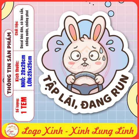Tem Decal Dán Ô TÔ - TẬP LÁI, ĐANG RUN - Decal hình thỏ con tập lái funny - Decal có keo sẵn, chống nước, chống phai