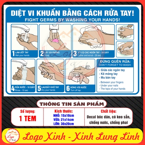 Tem Decal Dán QUY TRÌNH RỬA TAY 6 BƯỚC - DIỆT VI KHUẨN BẰNG CÁCH RỬA TAY (Song Ngữ Anh - Việt) - Chống nước, chống phai