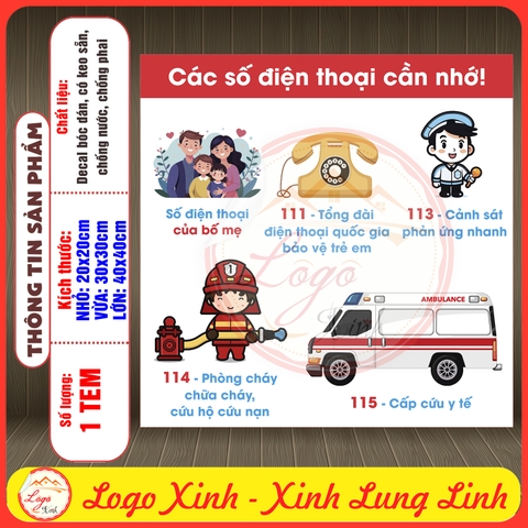 Tem Decal Thông Tin Các Số Điện Thoại Bé Cần Nhớ, Trang Trí Nhà Cửa, Lớp Học, Nhà Trường, Có Keo Dán Sẵn, Chống Nước