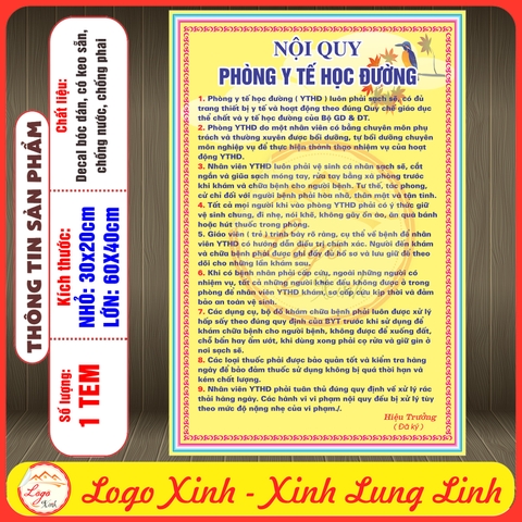 Tem Decal Dán Sẵn - NỘI QUY PHÒNG Y TẾ HỌC ĐƯỜNG - Decal bóc sẵn. có keo, chống phai, chống nước