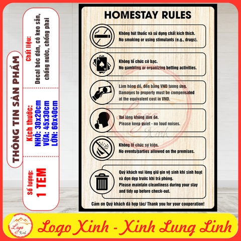 Tem Decal Dán - HOMESTAY RULES [Quy Định] Ở Homestay | Decal SONG NGỮ VIỆT - ANH | Decal chống nước, chống phai