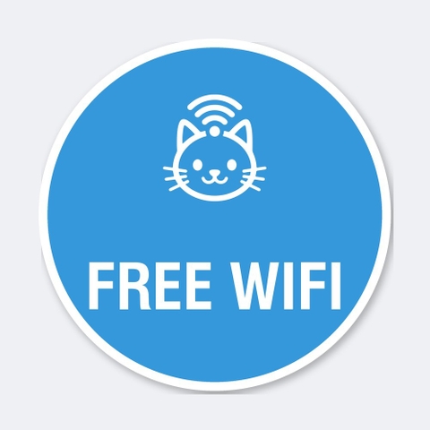 Sticker Tròn Free Wifi Hình Mèo Dễ Thương - Tem Dán Cửa Kính Quán Cafe, Tiệm Trà Sữa, Cửa Hàng