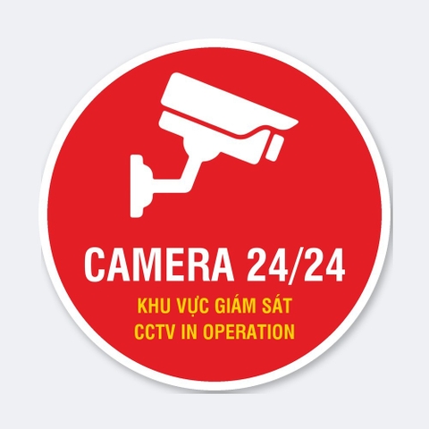 Sticker Tròn Camera Giám Sát 24/24 CCTV In Operation Nền Đỏ - Tem Dán Cửa Kính, Cổng Nhà, Shop, Bãi Xe