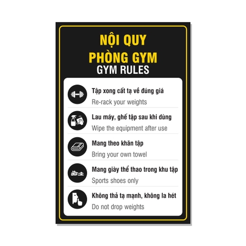 Tem Decal Nội Quy Phòng Gym Song Ngữ Gym Rules Có Hình - Biển Dán Phòng Tập Gym, Fitness, CLB Thể Hình