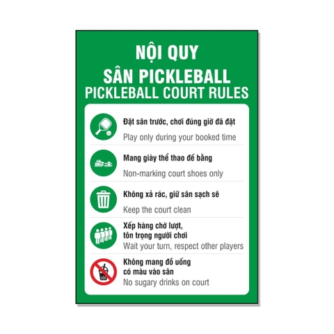 Decal Nội Quy Sân Pickleball Song Ngữ Có Hình Cỡ Lớn 30x40, 40x60, 60x90cm - Biển Dán CLB, Sân Pickleball
