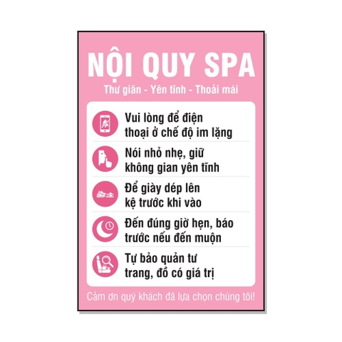 Tem Decal Nội Quy Spa Giữ Yên Tĩnh Có Hình Màu Hồng - Biển Dán Spa, Tiệm Nail, Thẩm Mỹ Viện, Salon