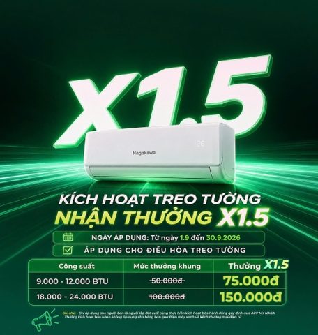 KÍCH HOẠT ĐIỀU HÒA TREO TƯỜNG - NHẬN THƯỞNG X1.5 CÙNG NAGAKAWA TRONG THÁNG 9/2026