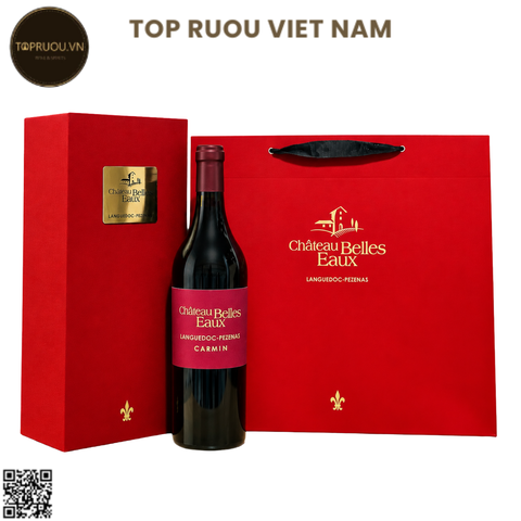 Hộp Quà Rượu Vang Đỏ Château Belles Eaux Languedoc Pézenas Carmin - Pháp - Syrah, Grenache Noir - 15% - 750ml