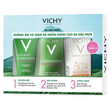 Bộ Sản Phẩm Vichy Dưỡng Ẩm, Giảm Nhờn Cho Da Dầu Mụn 3 Món