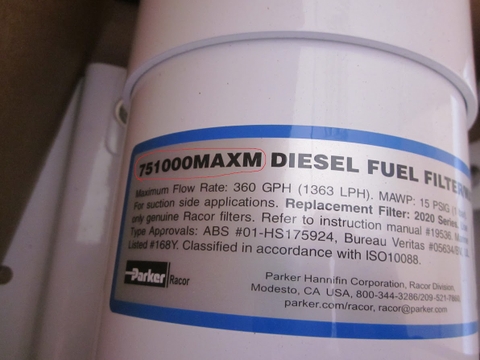 Lọc dầu Tách Nước Parker Racor 751000MAXM10, Lưu Lượng 1363LPH, Độ Tinh 10 Micron