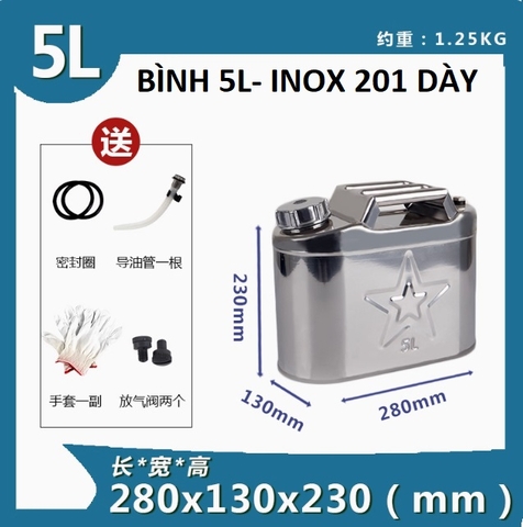 Bản sao của Bình Xăng Dầu Dự Phòng Chất Liệu INOX 201, Loại Dày, Dung Tích 5L