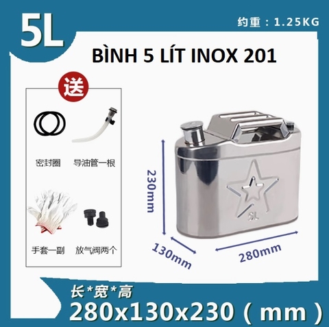 Bình Xăng Dầu Dự Phòng Chất Liệu INOX 201, Loại Rẻ, Dung Tích 5L