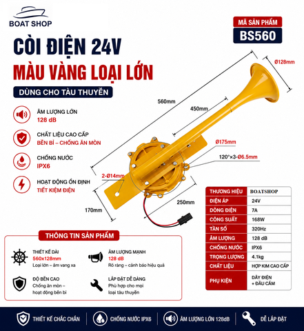 Còi Điện 24V Màu Vàng Siêu TO , Loại Lớn Cho Xe Tải, Tàu Sà Lan 128dB, Dài 56cm, Mã BS560