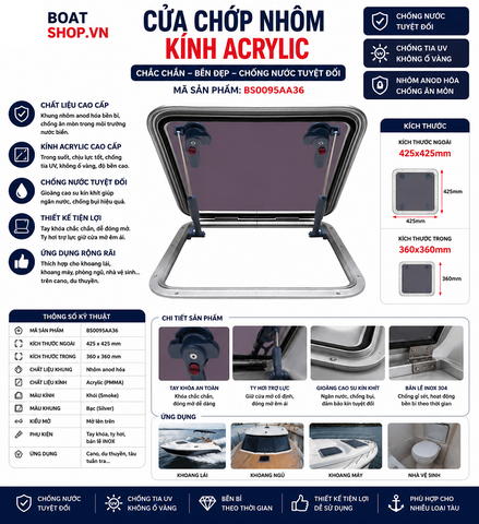 Cửa Chớp Nhôm, Kính Acrylic , Kích thước ngoài 425x425mm, kích thước trong 360x360mm, mã BS0095AA36 Hàng mới 100%