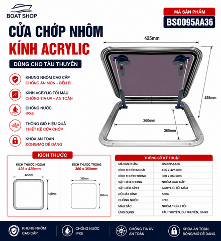 Cửa Chớp Nhôm, Kính Acrylic , Kích thước ngoài 425x425mm, kích thước trong 360x360mm, mã BS0095AA36 Hàng mới 100%