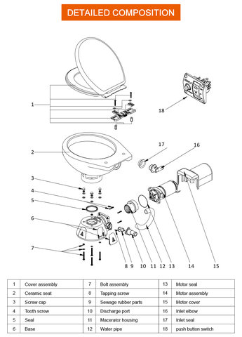 Bồn cầu điện Toilet Điện dùng cho tàu Cano, Bệ Lớn, Chất Liệu Sứ