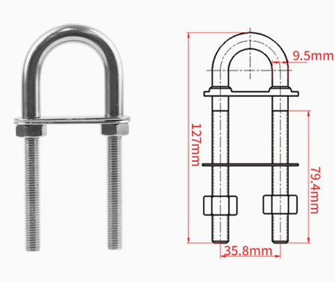 Móc Tàu Hình Chữ U, Chất Liệu INOX 316, M10, U-bolt, 10mm x 130mm,