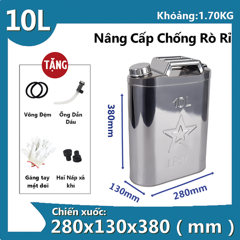 (inox 201) 10L Bình Xăng Dầu Dự Phòng Chất Liệu INOX 201, Loại Cao Mỏng Nhẹ, Dung Tích 10L