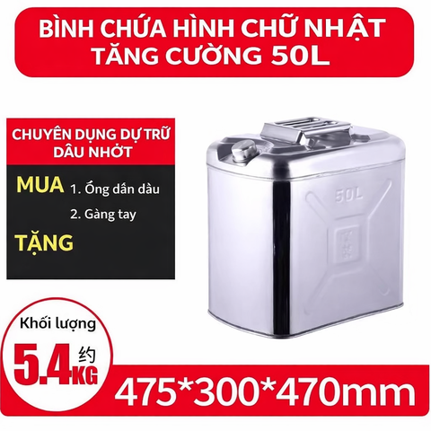 Thùng Xăng Dự Phòng Inox 50L, Chất Liệu Thép Không Gỉ Inox 304, Dung Tích 50L, Kích Thước 475x300x470mm, nặng 5.4Kg, Mã BS-FTB-50