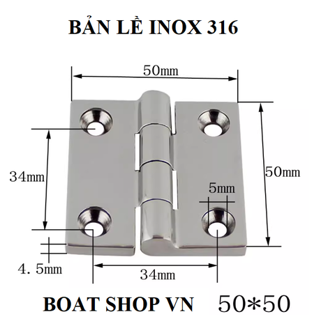 Bản Lề Hình Vuông Kích Thước 50x50mm, Dày 5mm , Chất Liệu inox 316