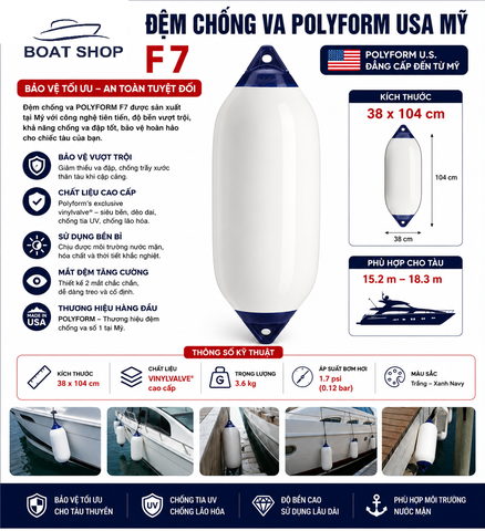 Đệm Chống Va Fender Polyform US F7 USA, size 101x38cm, Dùng Cho Tàu Du thuyền dài từ 15-19 mét