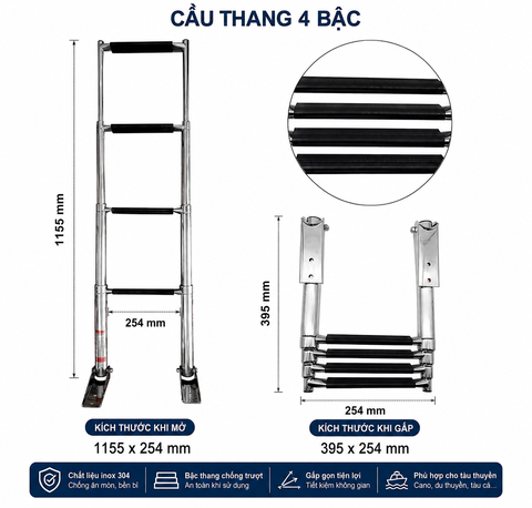 Cầu Thang Xếp 4 BậcThép không gỉ, Inox 316, Kích Thước: 875x254mm, Mã SF30102-31
