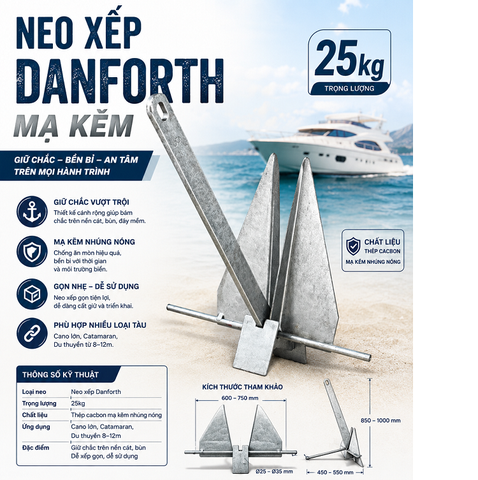 Bản sao của Neo Xếp 25Kgs Danforth Thép Mạ Kẽm, Cho Tàu Cano, Nặng 10kg, Tặng Kèm Dây 20 mét, Mã BS30858-25