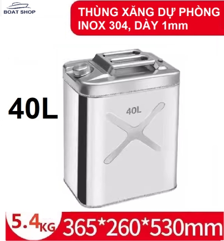 Thùng Xăng Dự Phòng Inox, Chất Liệu Thép Không Gỉ Inox 304, Dung Tích 40L, Kích Thước 365x260x530, Mã S80308-40L