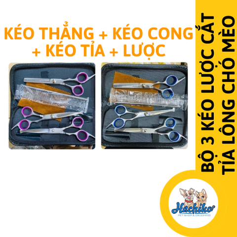 Bộ 3 kéo (kéo cong + kéo thẳng + kéo răng + lược) màu xanh và màu hồng