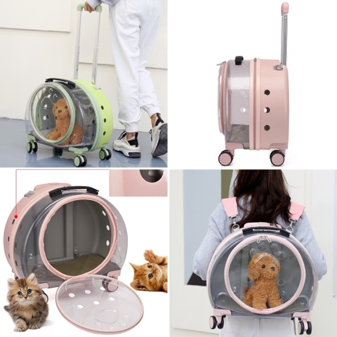 Vali kéo trong suốt cao cấp vận chuyển Chó Mèo cute in bàn chân 43*40*26cm