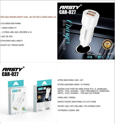 Cóc sạc nhanh Ansty Car-027 xe hơi 2 cổng usb 4.1A