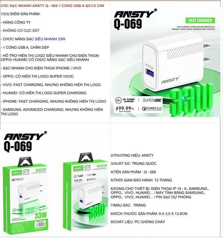 Cóc sạc nhanh Ansty Q-069 1 cổng usb A QC3.0 33W